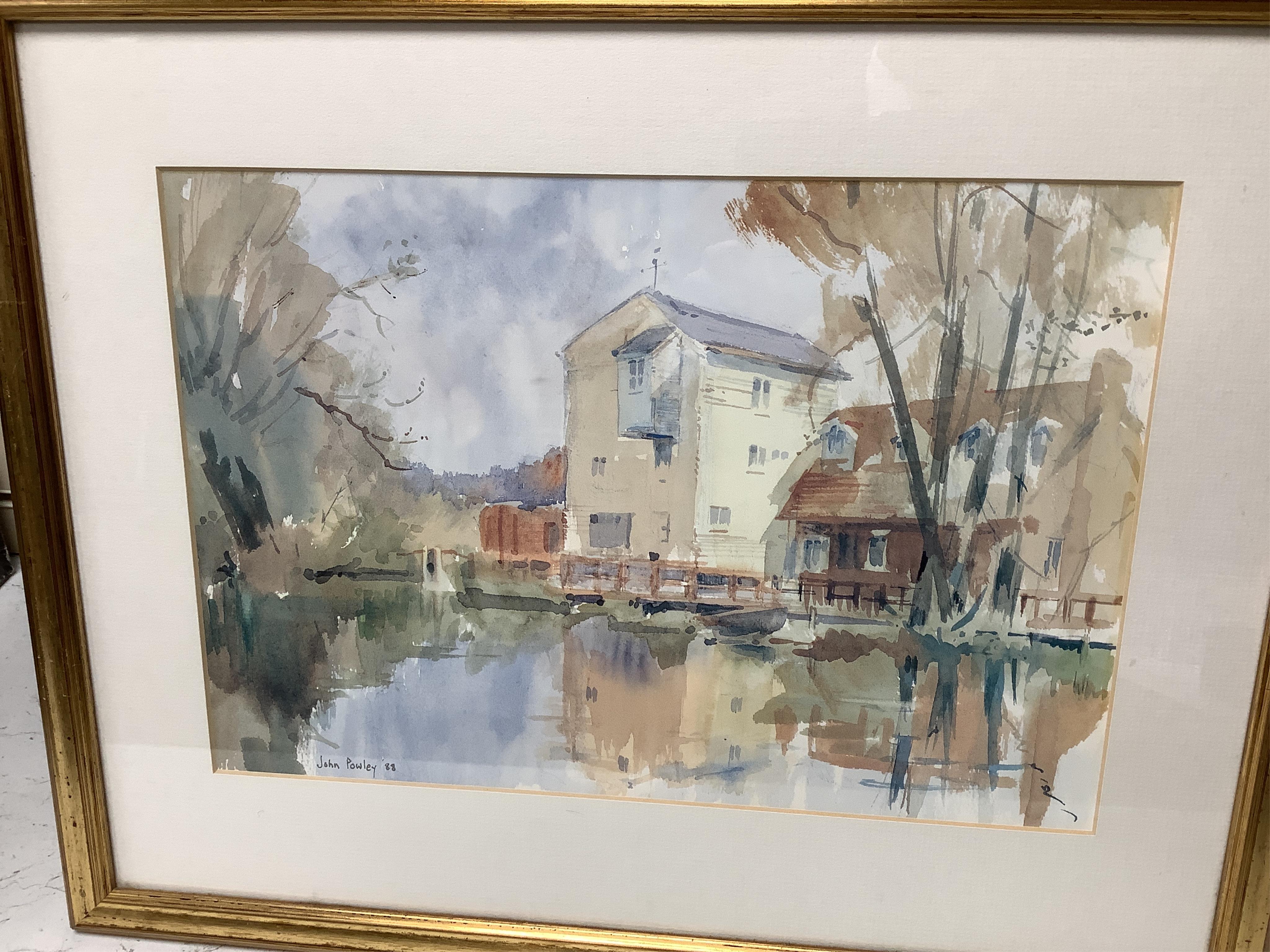 John Powley (Wapping Group, 1929-2018), a collection of six watercolours to include: ‘Mistley, Essex’, ‘Oast Houses, Pembury, Kent’ and ‘The Mill at Holbrook, Suffolk’, each signed and dated '88, 24 x 34cm